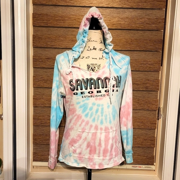 Source Unknown Tops - Savanna Tie Dye Cropped Hoodie Long Sleeve T-shirt Sz S Blue